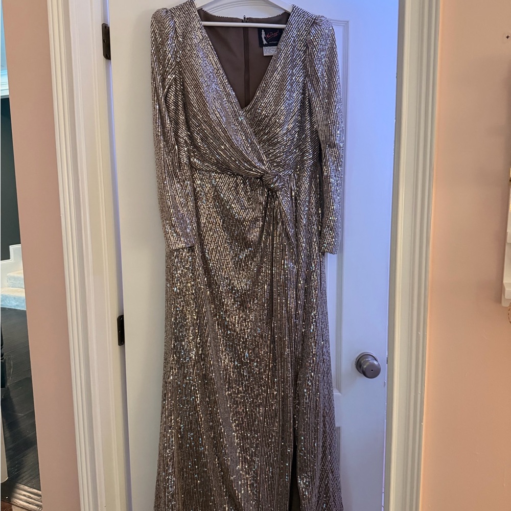 Mac Duggal Silver Metallic Wrap Maxi Dress